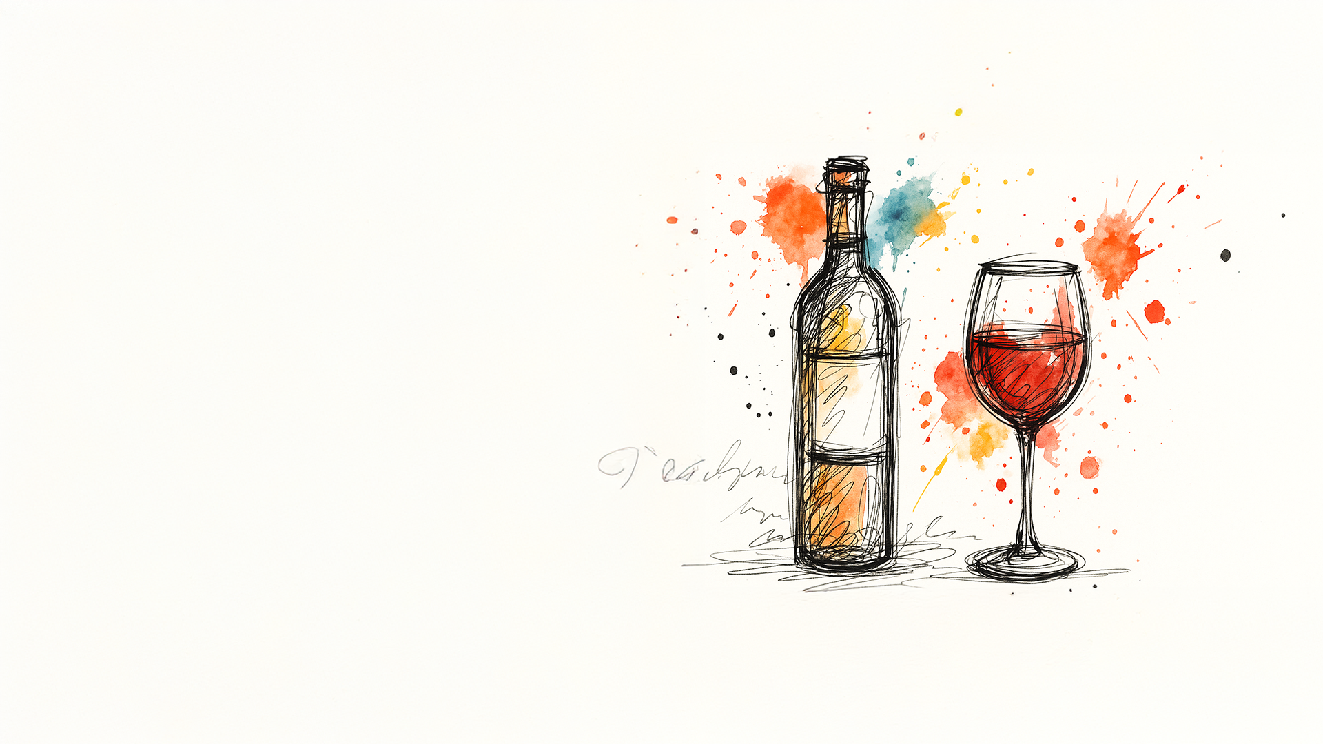 Un boceto a tinta, trazado de forma suelta, de una copa de vino de cristal transparente con un tallo largo, llena de vino blanco frío, que muestra su tono dorado pálido, pajizo o verdoso, y con condensación en el vidrio para enfatizar la frescura, realizado en un estilo artístico y espontáneo